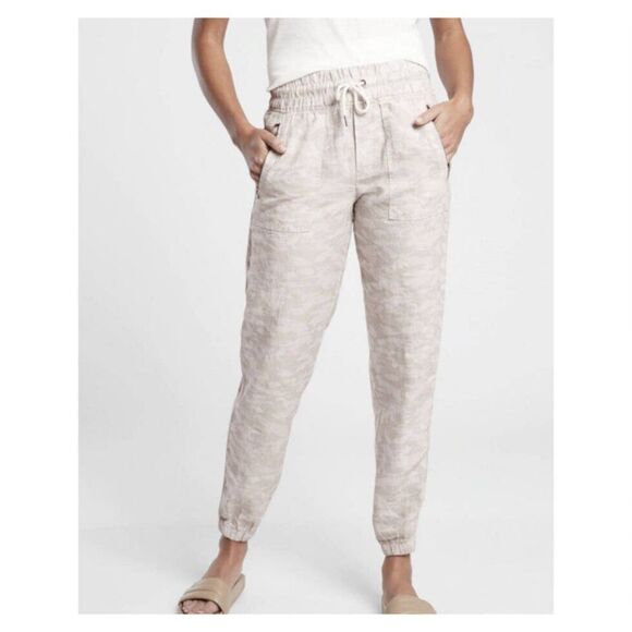 Athleta | Linen Cabo Tide Cream Camouflage Zip Pocket High Waist Joggers Pants 8 - Picture 1 of 7